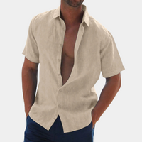 Khaki Leinenhemd für Herren, kurzärmelig, lässig, offen, ideal für Sommermode.