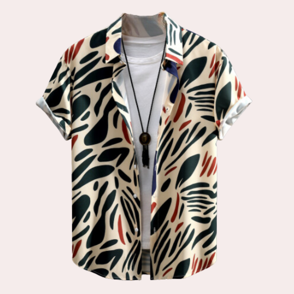 Herrenhemd mit abstraktem Muster, kurzärmelig, beige, schwarz, rot, lässig, Sommermode.
