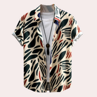 Herrenhemd mit abstraktem Muster, kurzärmelig, beige, schwarz, rot, lässig, Sommermode.