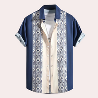 Blaues Herrenhemd mit Ethno-Muster, Kurzarm, Knopfleiste, Baumwolle, lässig, Sommermode.
