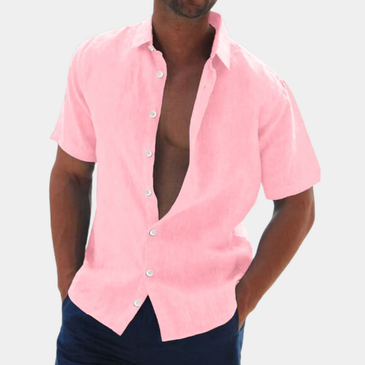 Männerhemd aus Leinen, rosa, kurzärmelig, Knopfleiste, lässig, Sommermode.