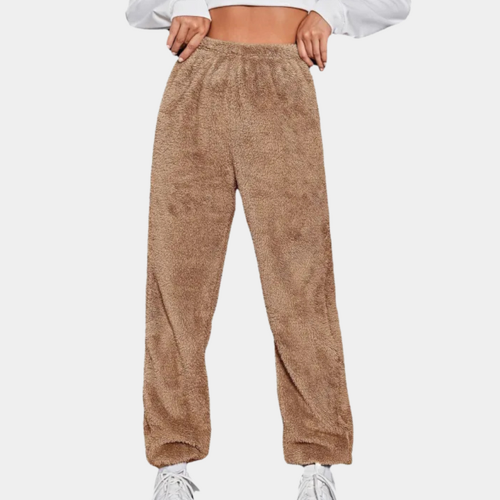 Damen Teddy-Fleece Jogginghose, beige, gemütlich, elastischer Bund, Freizeitmode.