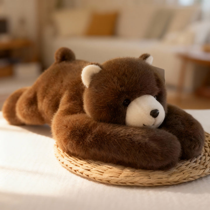Brauner Teddybär liegt mit langen, umarmenden Armen auf einer Strohmatte, helle Schnauze und Ohrinnenseiten. 14