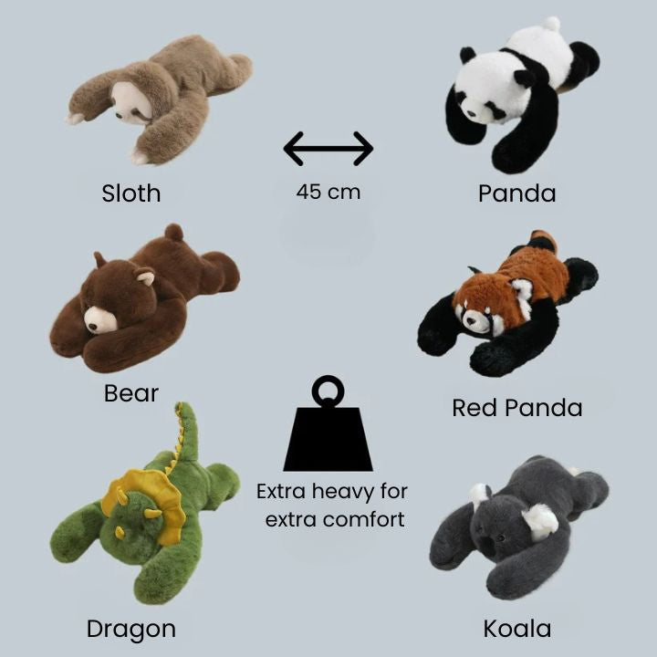 Übersicht aller sechs Tiermodelle: Faultier, Panda, Bär, Roter Panda, Drache und Koala, jeweils liegend, mit Längenangabe 45 cm. 8
