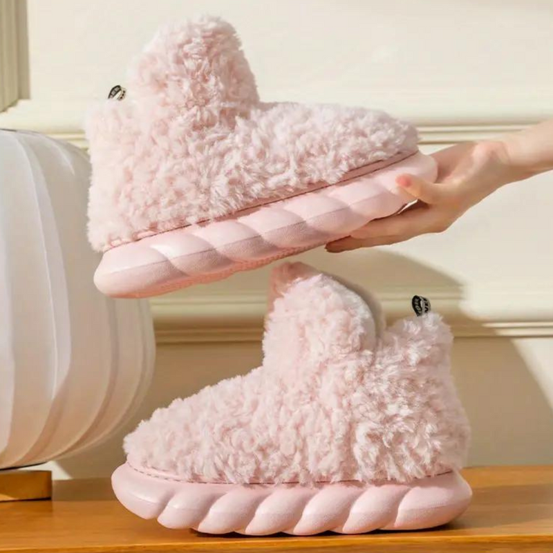 Rosa Plüsch-Hausschuhe, Damen, warm, rutschfest, gemütlich, Wintermode, weiches Material.
