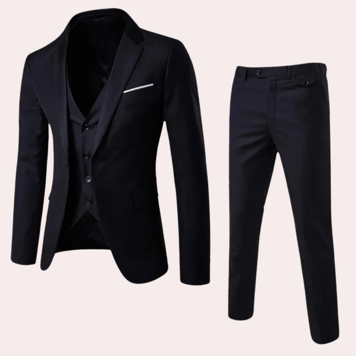 Schwarzer Herrenanzug, dreiteilig, Slim Fit, aus Polyester, ideal für formelle Anlässe.