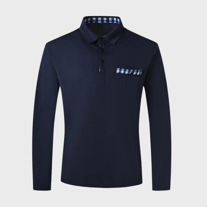 Dunkelblaues Herren-Poloshirt, langärmelig, kariertes Detail, Baumwolle, elegant.