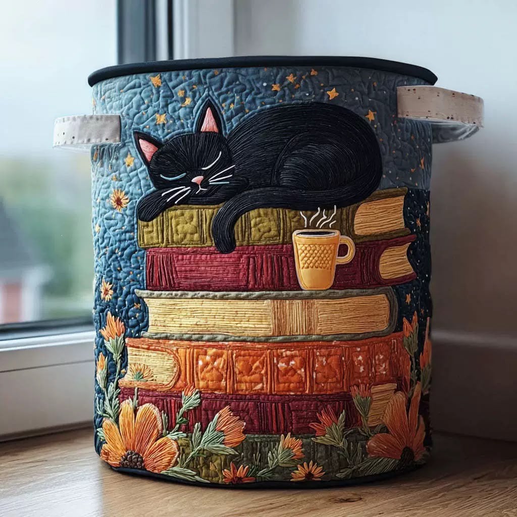 Runder gesteppter Korb mit zwei Henkeln auf einer Fensterbank, aufgestickt eine schlafende schwarze Katze auf einem Bücherstapel mit Tasse und Blumen. 1