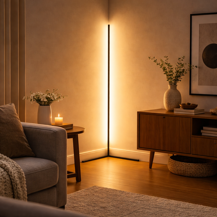 Eingeschaltete Eckleuchte strahlt warmweißes Licht in eine Zimmerecke neben Sofa, Beistelltisch mit Kerze und Sideboard. 2