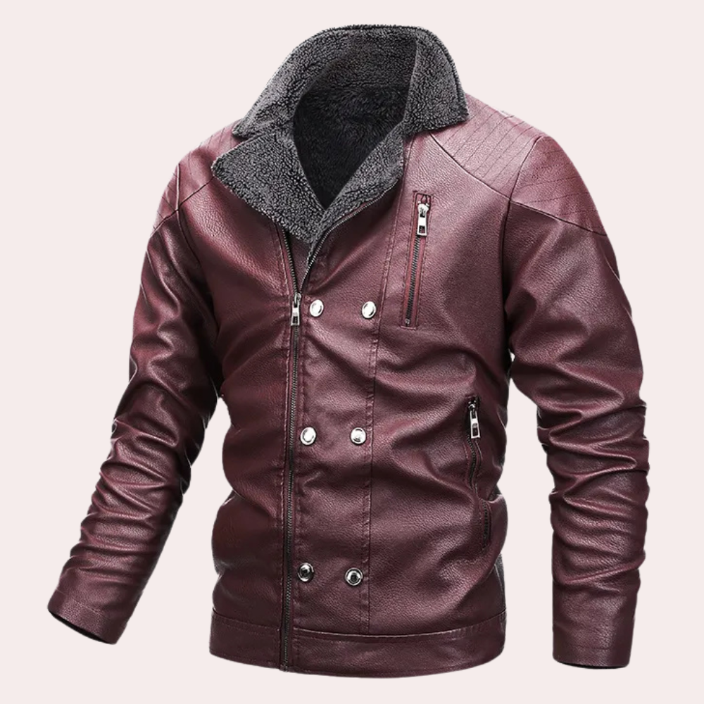 Herren Lederjacke, burgunderrot, mit Reißverschlüssen, Lammfellkragen, modisch, warm.
