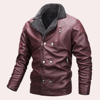 Herren Lederjacke, burgunderrot, mit Reißverschlüssen, Lammfellkragen, modisch, warm.