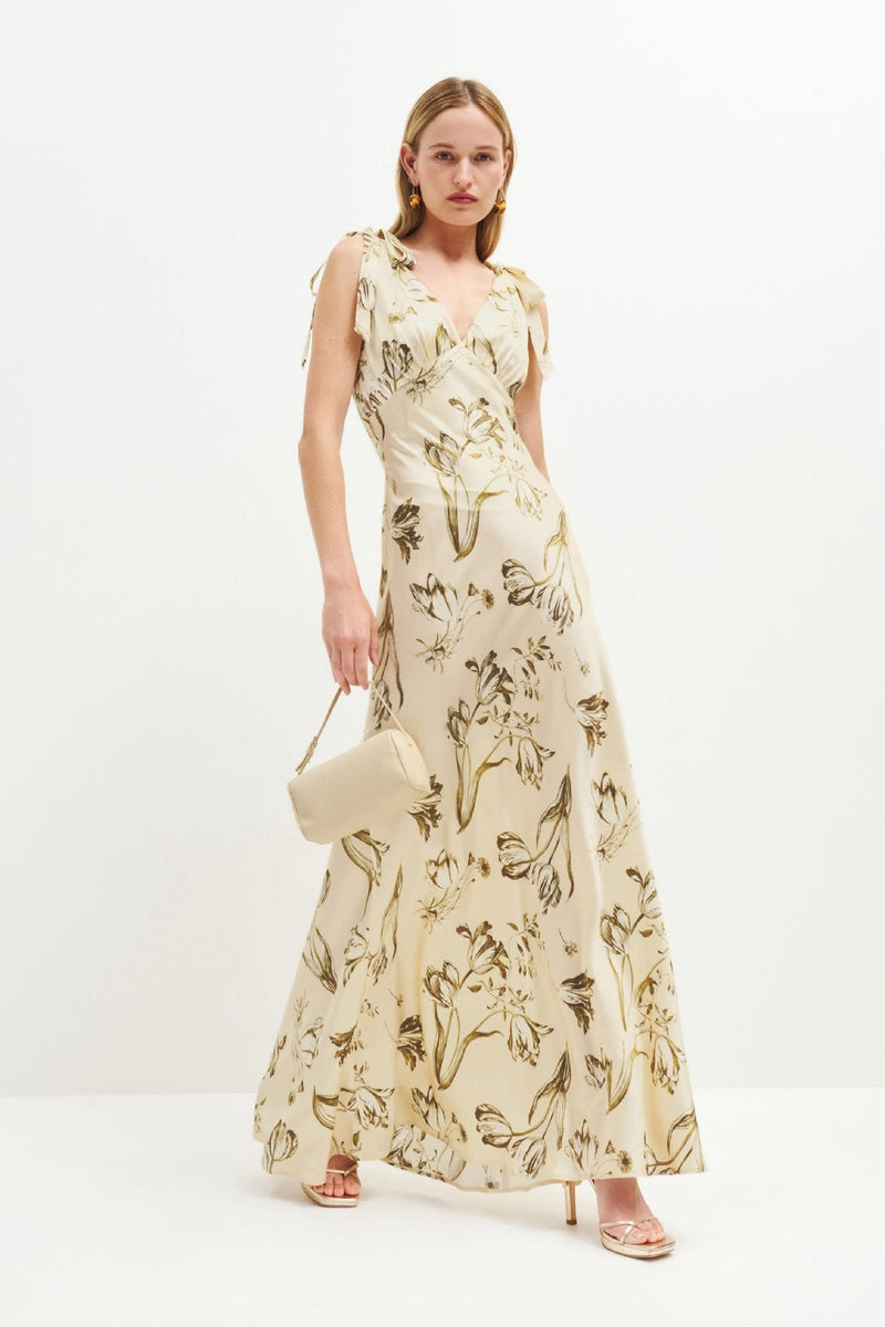 Flowing beige maxi dress with button detail – Ysolde