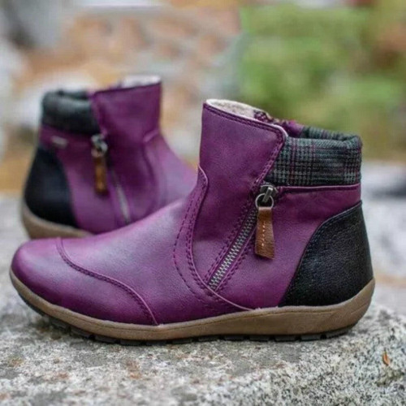 Lila Damenstiefeletten mit Reißverschluss, Leder, rutschfeste Sohle, modisch, bequem.