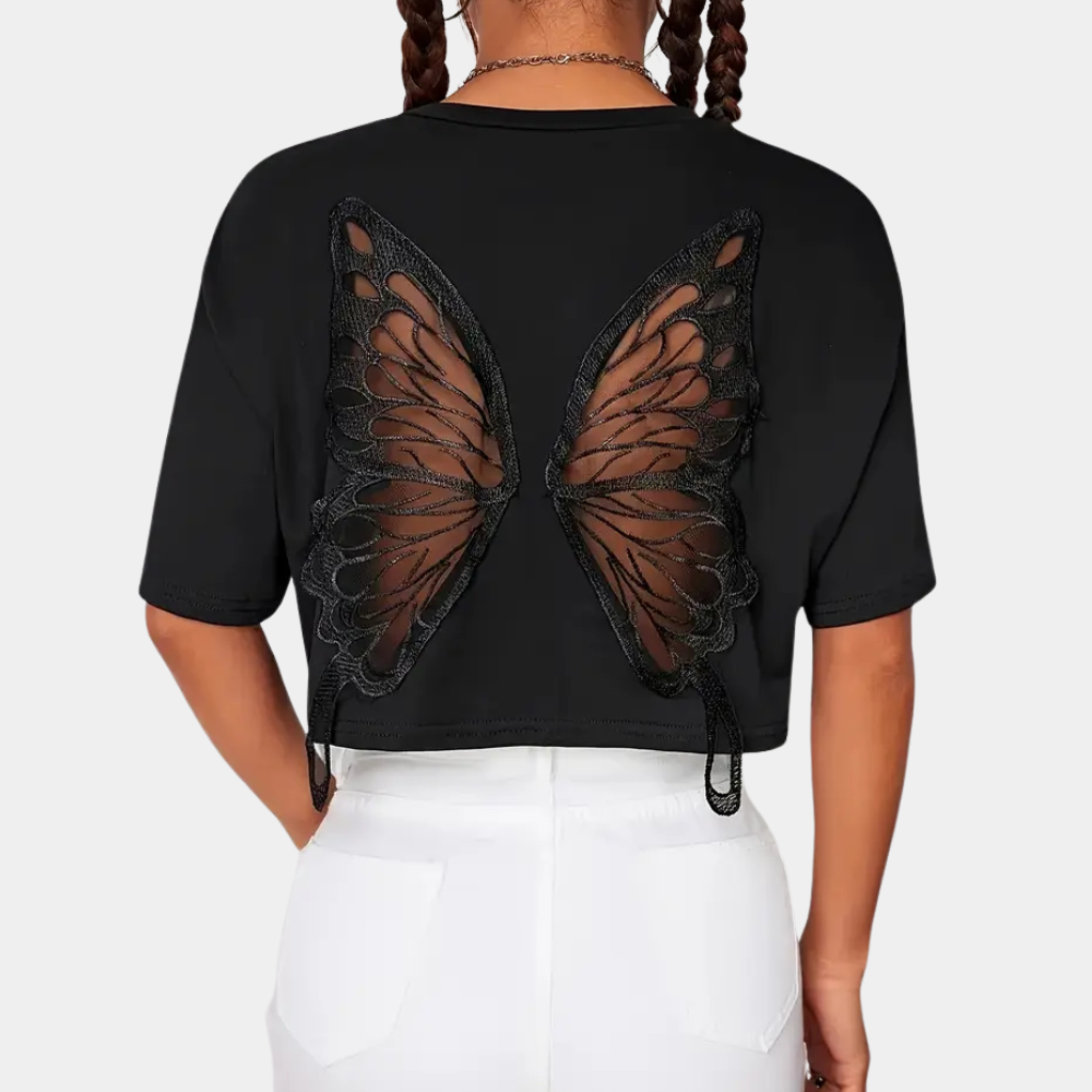 Schwarzes Damen-T-Shirt mit Schmetterlingsflügel-Design auf dem Rücken, modisch, einzigartig.