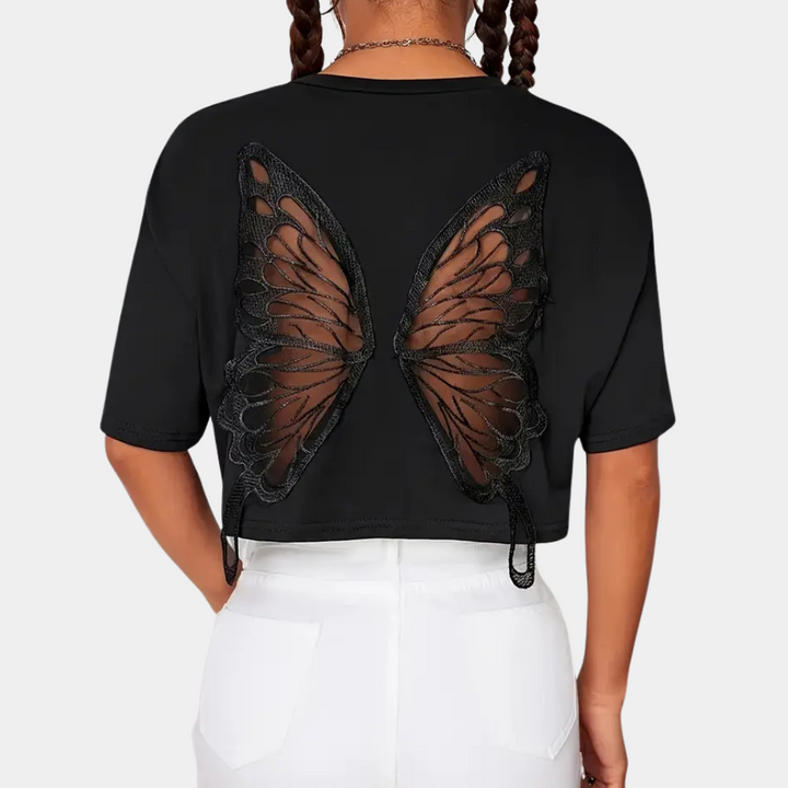 Schwarzes Damen-T-Shirt mit Schmetterlingsflügel-Design auf dem Rücken, modisch, einzigartig.