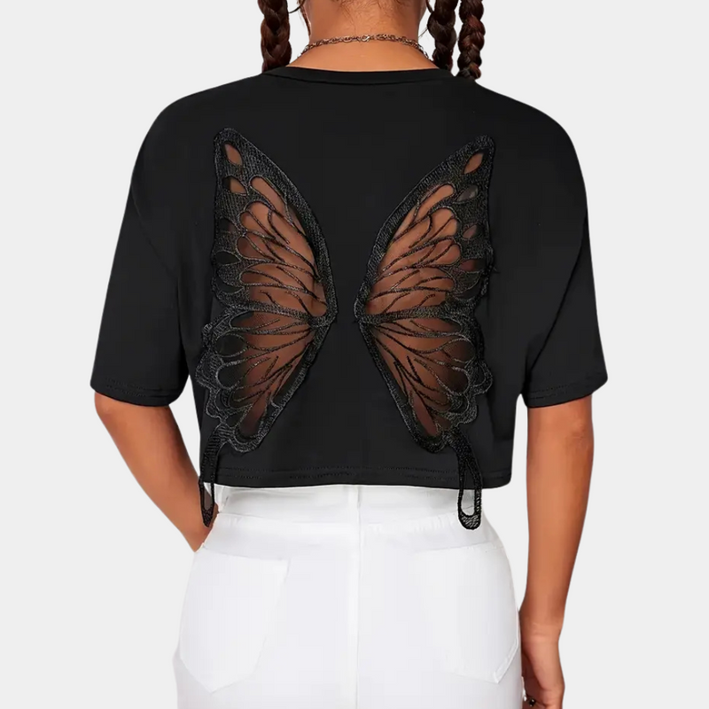 Schwarzes Damen-T-Shirt mit Schmetterlingsflügel-Design auf dem Rücken, modisch, einzigartig.
