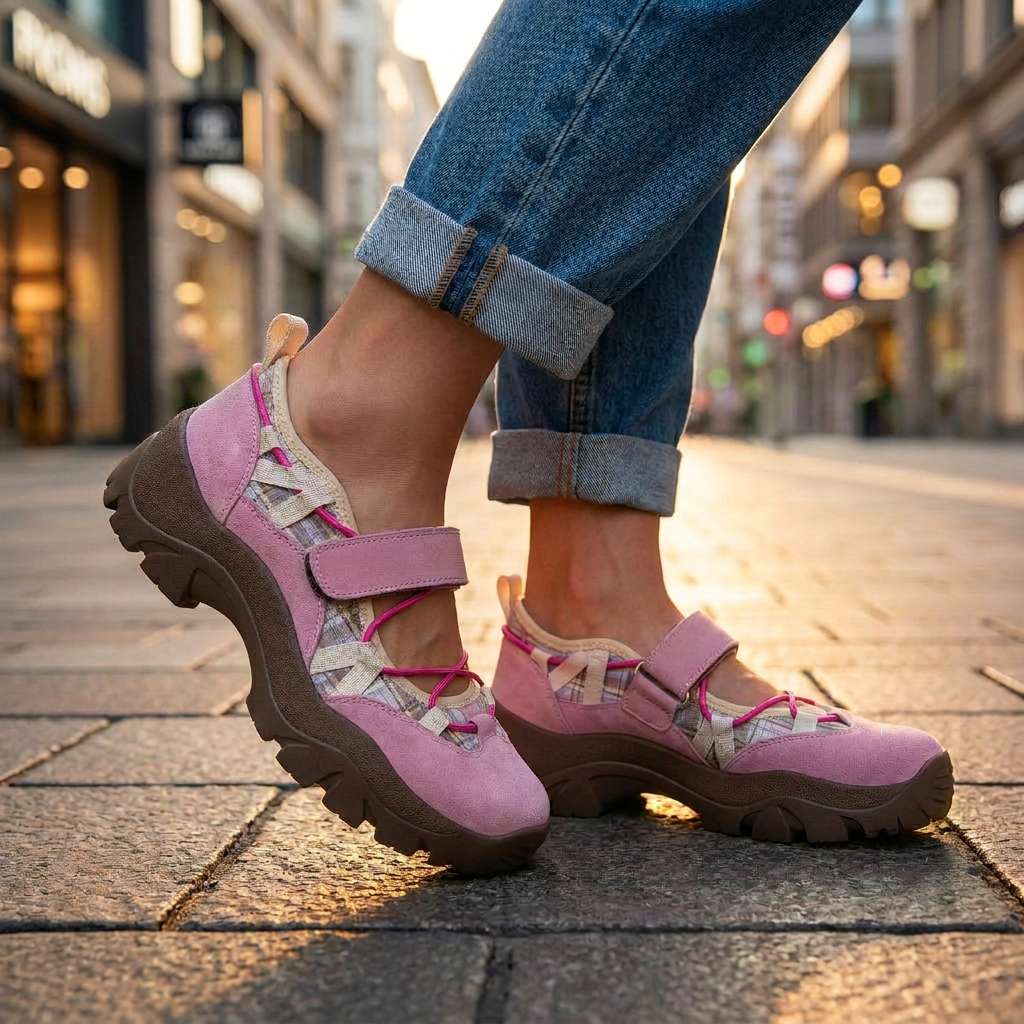 Rosa Slipper mit pinkfarbenen Gummizügen und brauner Profilsohle, getragen mit umgeschlagener Jeans auf einer Pflasterstraße in der Stadt. 9