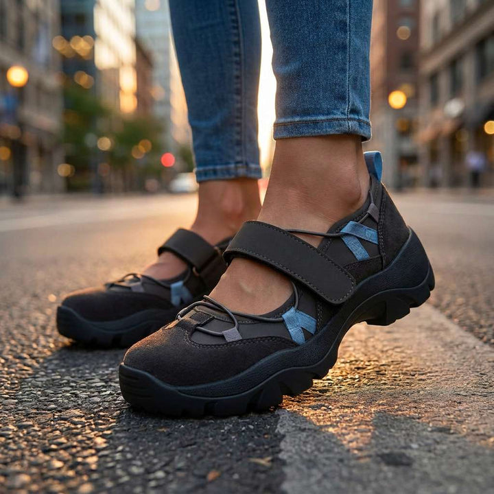 Dunkle Slipper mit Klettriemen und hellblauen Zierbändern, getragen mit Jeans auf einer Straße bei Abendlicht, Stadtkulisse unscharf im Hintergrund. 7
