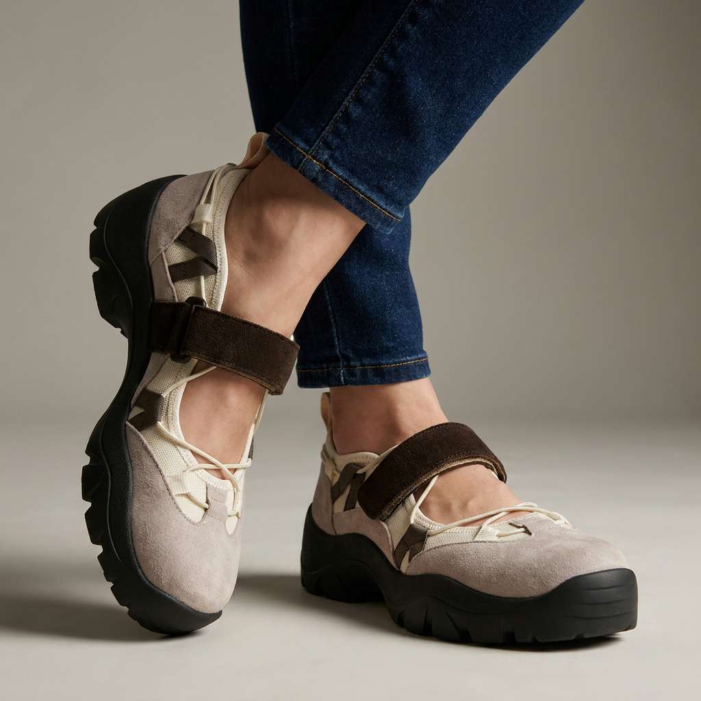 Beige Veloursleder-Slipper mit dunkelbraunem Klettriemen, cremefarbenem Stoffeinsatz und schwarzer Profilsohle, getragen mit dunkler Jeans vor hellgrauem Studio 1