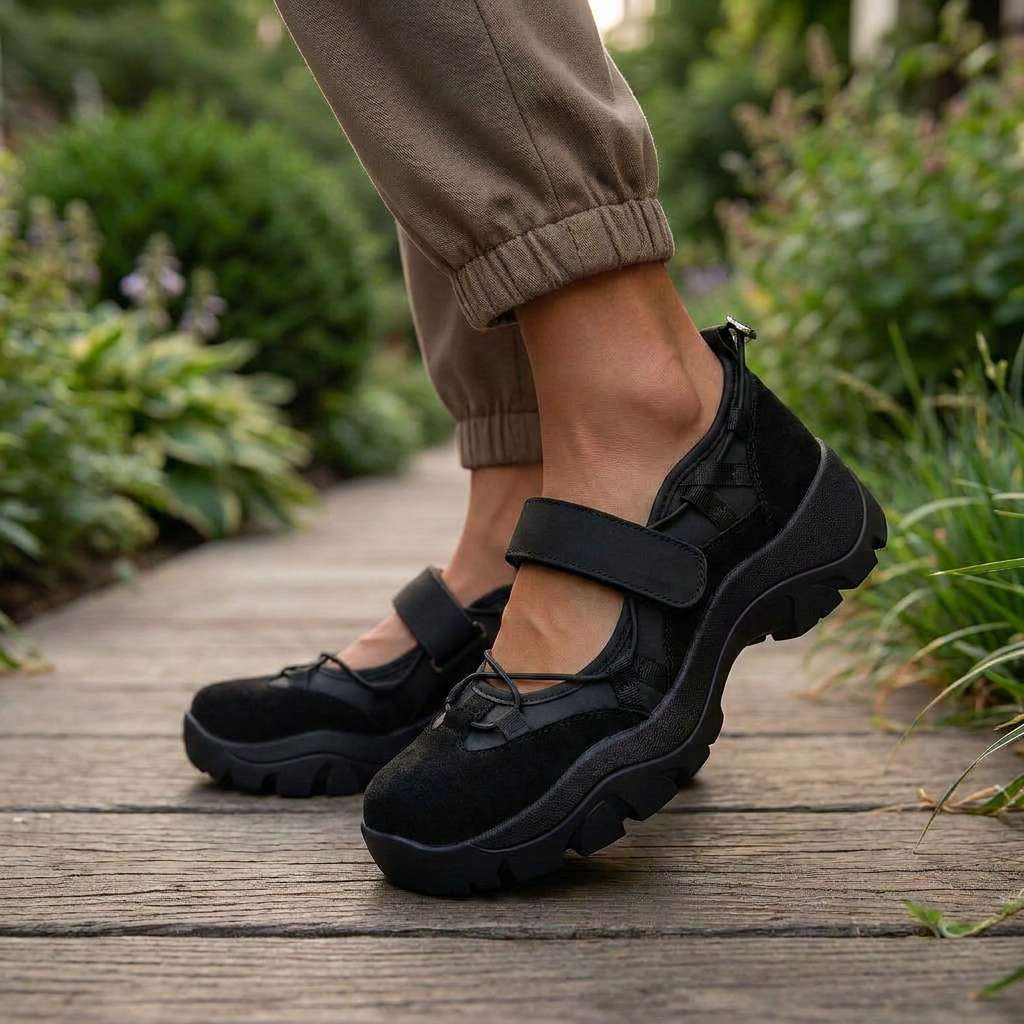 Schwarze Slipper mit Klettriemen, getragen mit khakifarbener Jogger-Hose auf einem Holzweg im Garten, umgeben von grünen Pflanzen. 10