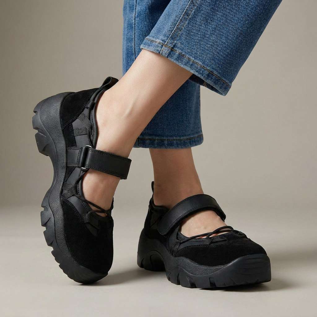 Komplett schwarze Slipper aus Veloursleder mit Klettriemen und kräftiger Profilsohle, getragen mit heller Jeans vor neutralem Studiohintergrund. 5