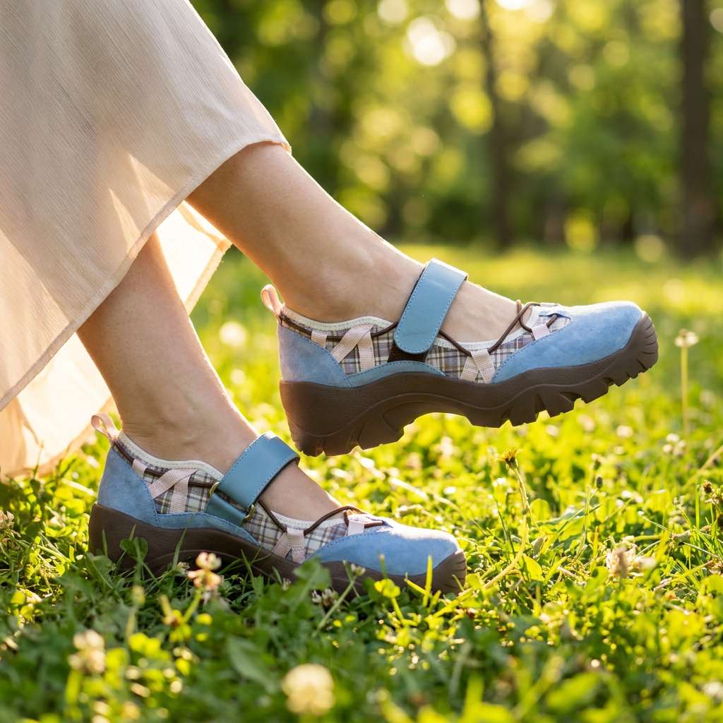 Hellblaue Slipper mit Klettriemen und kariertem Einsatz, getragen zu einem fließenden cremefarbenen Kleid auf einer sonnigen Blumenwiese. 8