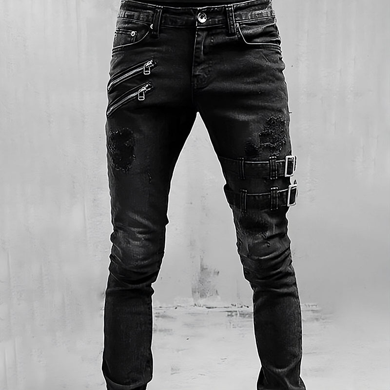 Men's Denim Jeans with Buckles and Zippers - TitanEdge
