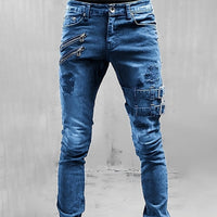 Men's Denim Jeans with Buckles and Zippers - TitanEdge