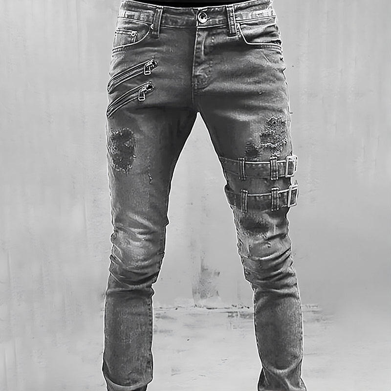 Men's Denim Jeans with Buckles and Zippers - TitanEdge