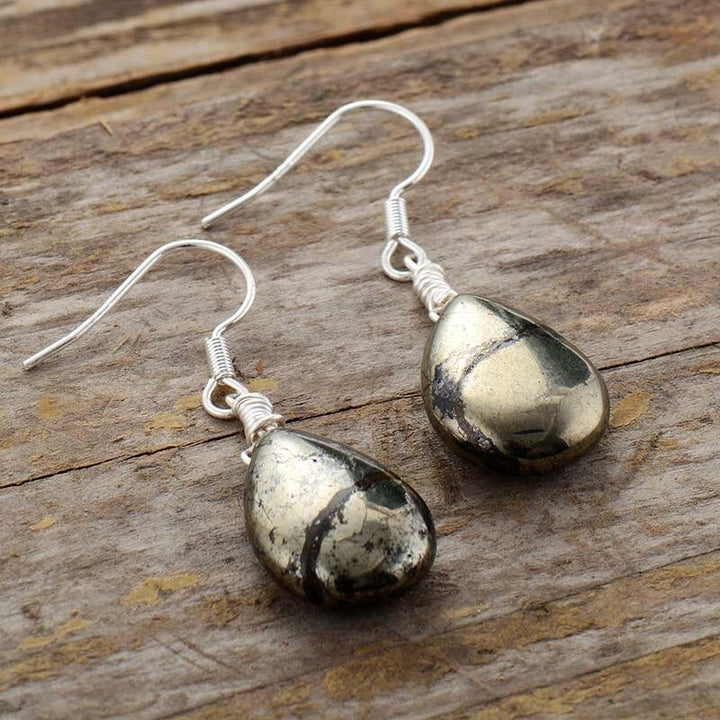 Reflective Pyrite Drop Earrings - Elara