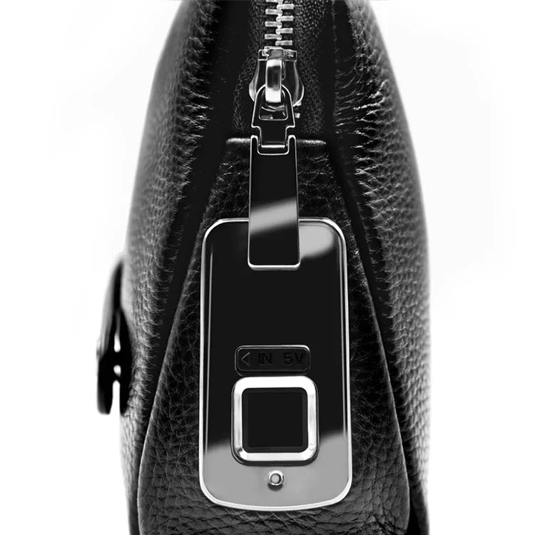 Men's Leather Anti-Theft Clutch with Fingerprint Lock – Black Blue