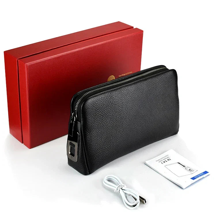 Men's Leather Anti-Theft Clutch with Fingerprint Lock – Black Blue