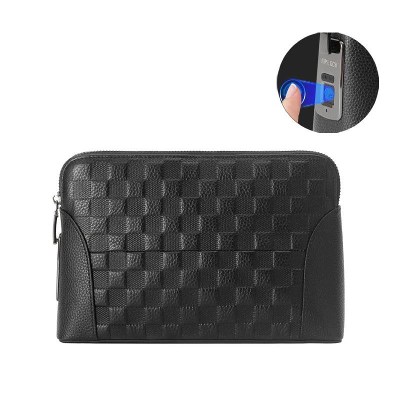 Men's Leather Handbag with Fingerprint Lock – Anti-Theft Clutch & Wallet