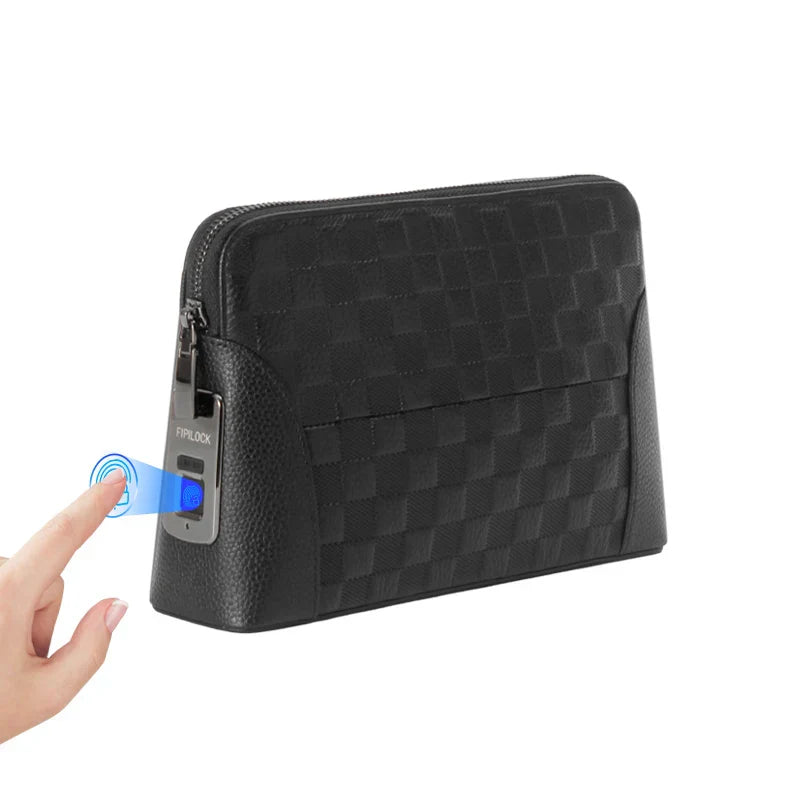 Men's Leather Handbag with Fingerprint Lock – Anti-Theft Clutch & Wallet