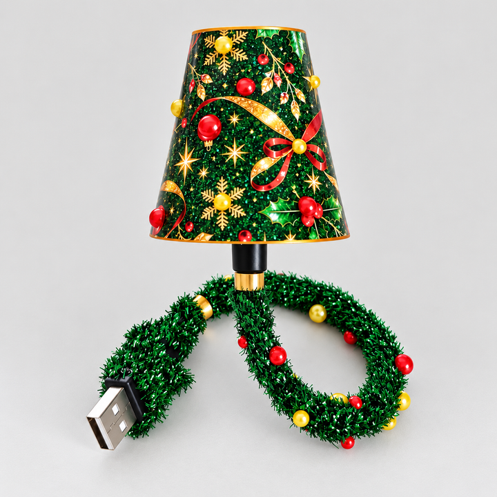 Freigestellte Lampe mit grünem Schirm voller Weihnachtsmotive und einem mit grünem Lametta umwickelten USB-Kabel, das eine Schlaufe bildet. 1