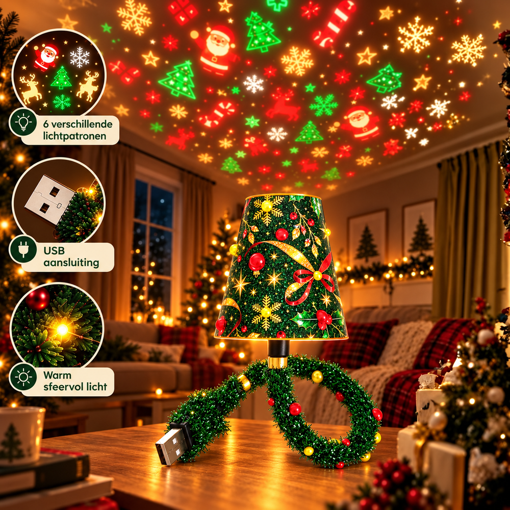 Lampe auf einem Holztisch im weihnachtlichen Wohnzimmer, die Lichtmuster aus Weihnachtsmännern, Bäumen und Schneeflocken an die Decke projiziert, mit drei Detai 2