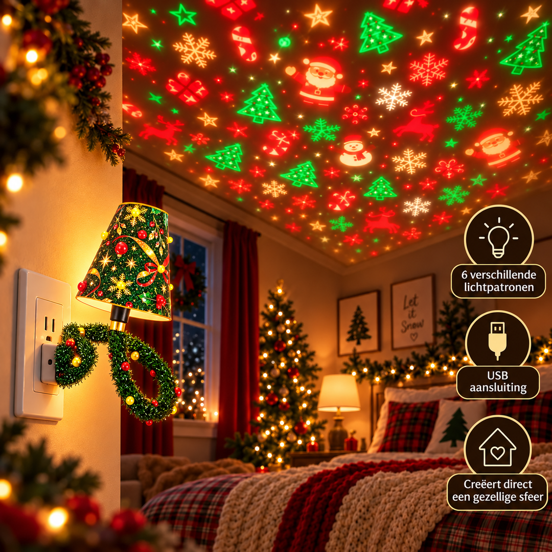 An der Wandsteckdose eingesteckte Lampe in einem Schlafzimmer, die bunte Weihnachtsmotive wie Weihnachtsmänner, Tannen und Rentiere an die Decke wirft. 6