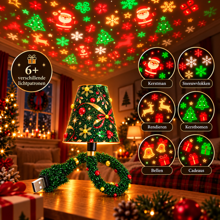 Lampe auf einem Tisch, darüber leuchtende Deckenmuster, daneben sechs Kreise mit den Motiven Weihnachtsmann, Schneeflocken, Rentiere, Tannenbäume, Glocken und G 4