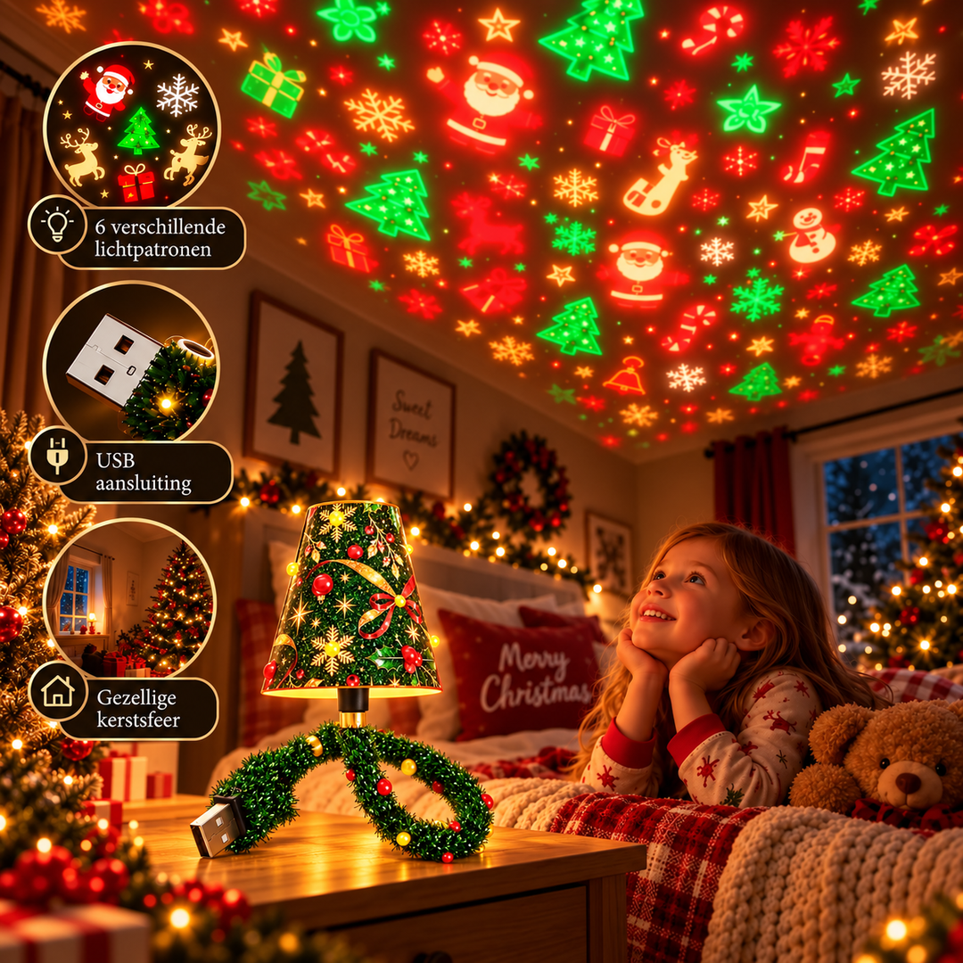 Lächelndes Mädchen im Schlafanzug liegt im Bett und schaut zu den bunten Weihnachtsmustern an der Decke, die die Lampe auf dem Nachttisch projiziert. 8