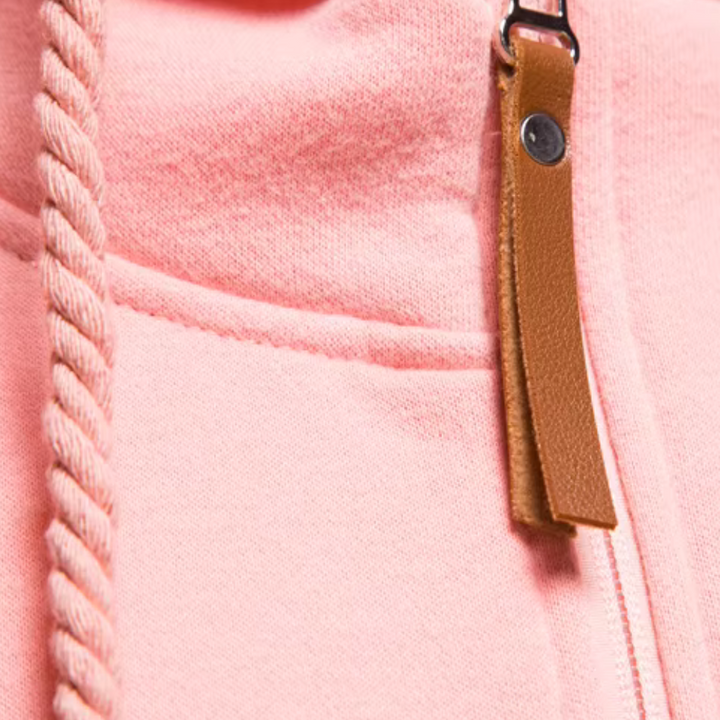 Rosa Kapuzenpullover aus Baumwolle mit Kordelzug und Lederdetail, modisch und bequem.