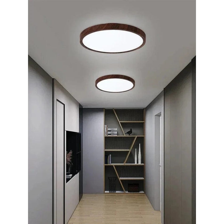 Zwei eingeschaltete runde Leuchten mit dunklem Holzrand an der Decke eines grauen Flurs mit Regal. 6