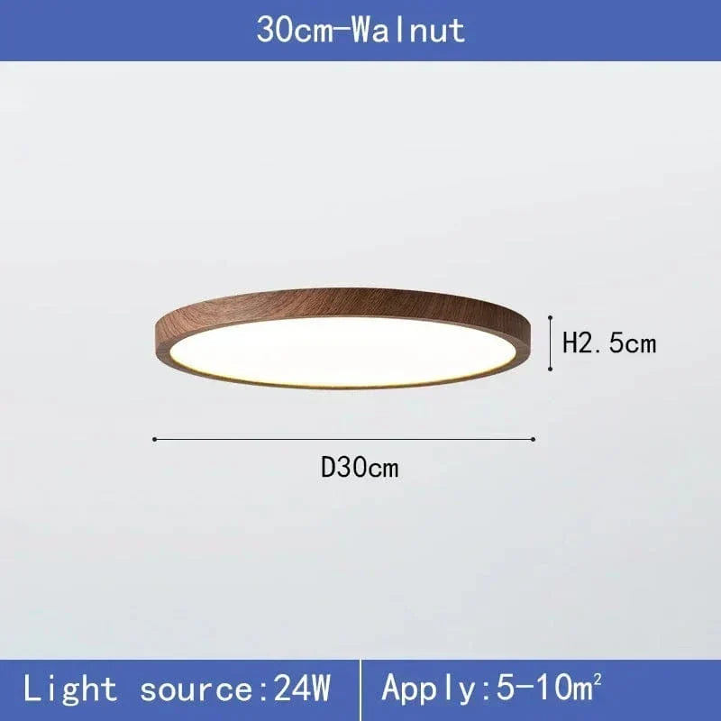Produktgrafik der Leuchte in Walnuss mit Durchmesser 30 cm und Höhe 2,5 cm, daneben Angaben zu Leistung und Raumgröße. 7