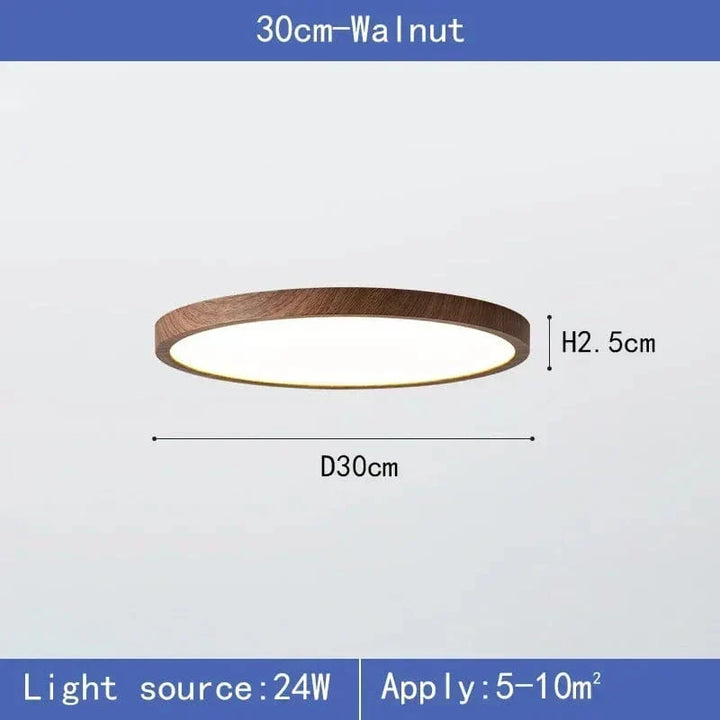 Produktgrafik der Leuchte in Walnuss mit Durchmesser 30 cm und Höhe 2,5 cm, daneben Angaben zu Leistung und Raumgröße. 7
