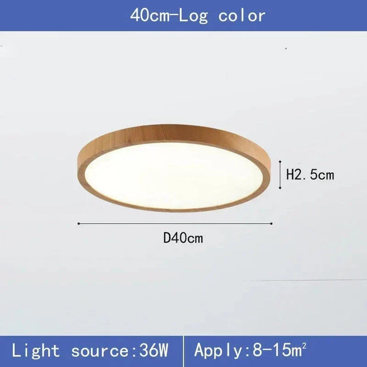 Produktgrafik der Leuchte in heller Holzfarbe mit Durchmesser 40 cm und Höhe 2,5 cm, mit Angaben zu Leistung und Raumgröße. 8