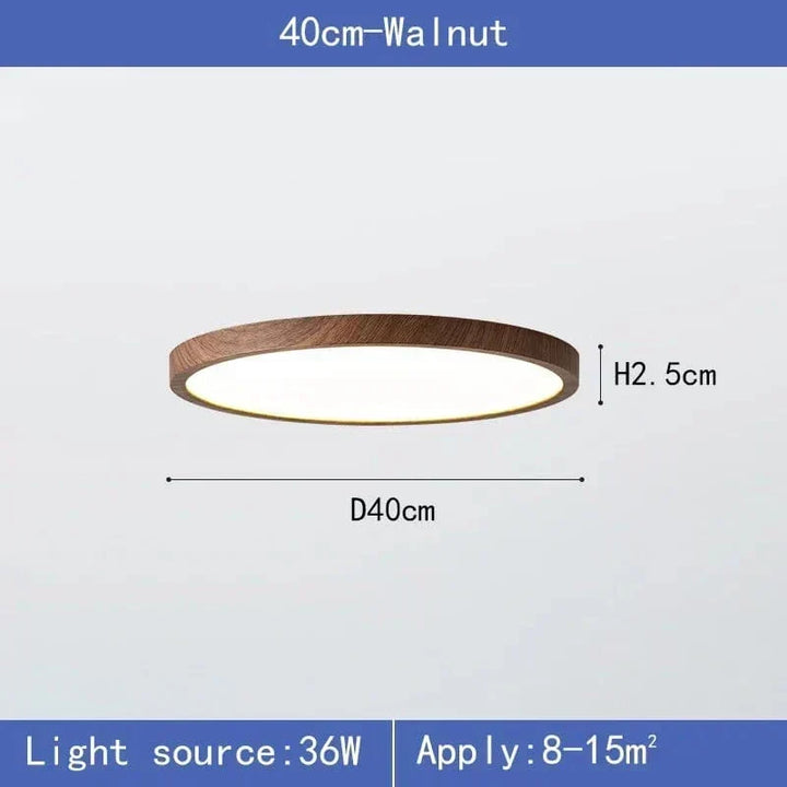 Produktgrafik der Leuchte in Walnuss mit Durchmesser 40 cm und Höhe 2,5 cm, mit Angaben zu Leistung und Raumgröße. 10