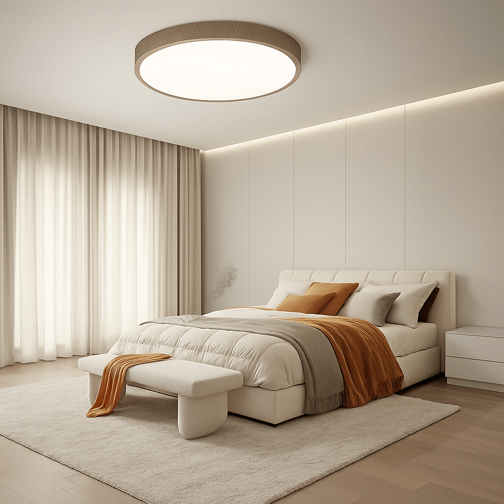 Deckenleuchte mit Holzrand über einem Bett mit cremefarbenem Polster, orangefarbenen Kissen und Decke in einem hellen Schlafzimmer. 12