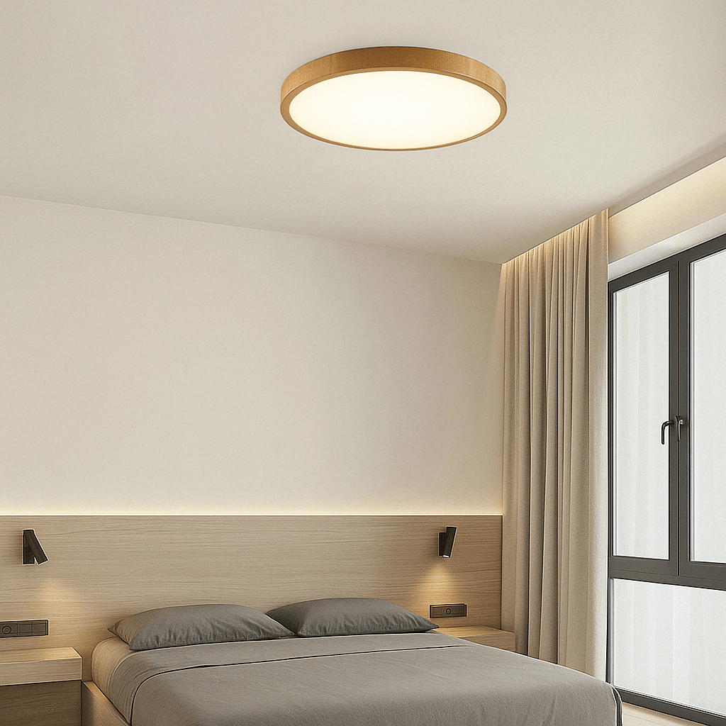 Leuchte mit hellem Holzrand und warmem Licht an der Decke eines Schlafzimmers mit Holzkopfteil und grauen Kissen. 13