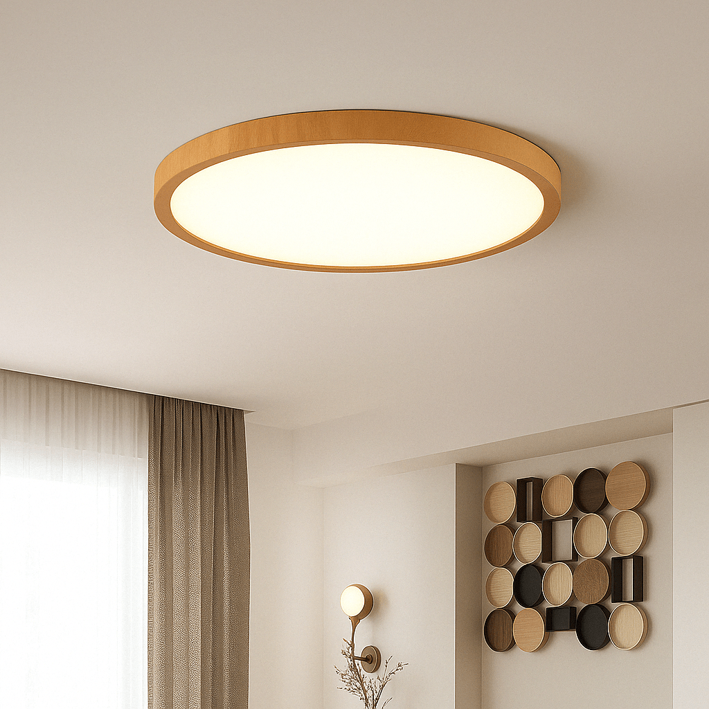 Eingeschaltete Leuchte mit hellem, honigfarbenem Holzrand im Wohnraum, daneben Vorhang, Wandlampe und runde Wanddekoration. 14