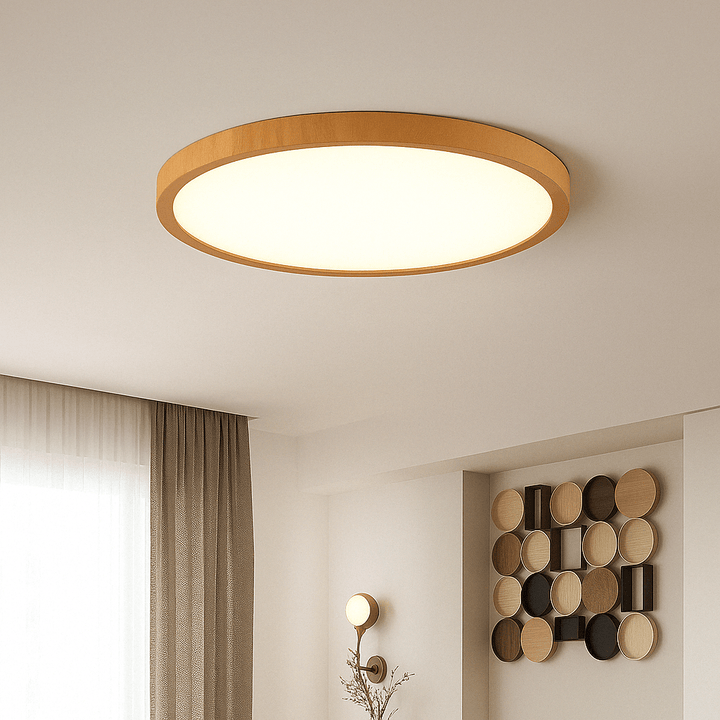 Eingeschaltete Leuchte mit hellem, honigfarbenem Holzrand im Wohnraum, daneben Vorhang, Wandlampe und runde Wanddekoration. 14
