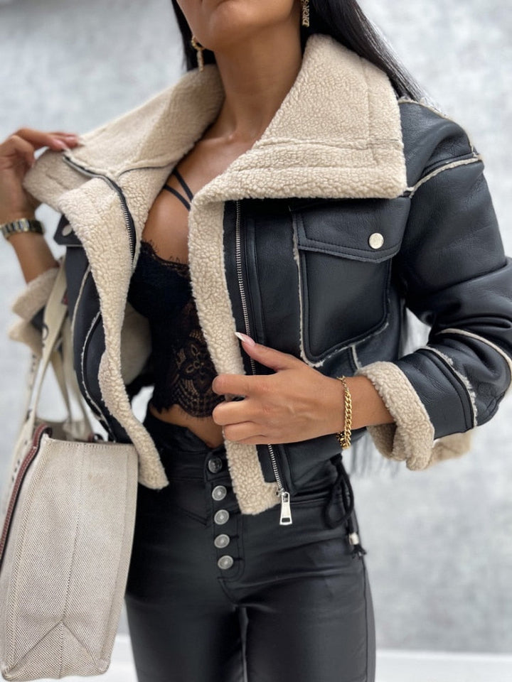 Motorcycle jacket with lapel and sherpa lining – Zoë